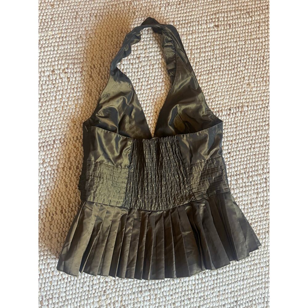 Bebe Y2K Halter Top Shiny Olive Satin Pleated Peplum Rosette Ruffle Coquette S - Picture 7 of 7